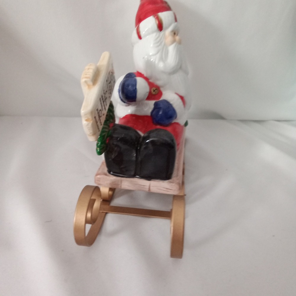 Vintage Style Ceramic Santa Claus on Gold Metal Sled Figurine Ho Ho Ho Sign 8in - Picture 4 of 7